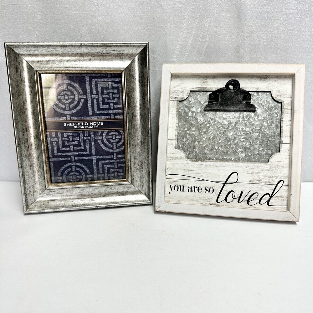 2 picture frames 5x7” & 4x6” Silver & white distressed clip on “you are loved”